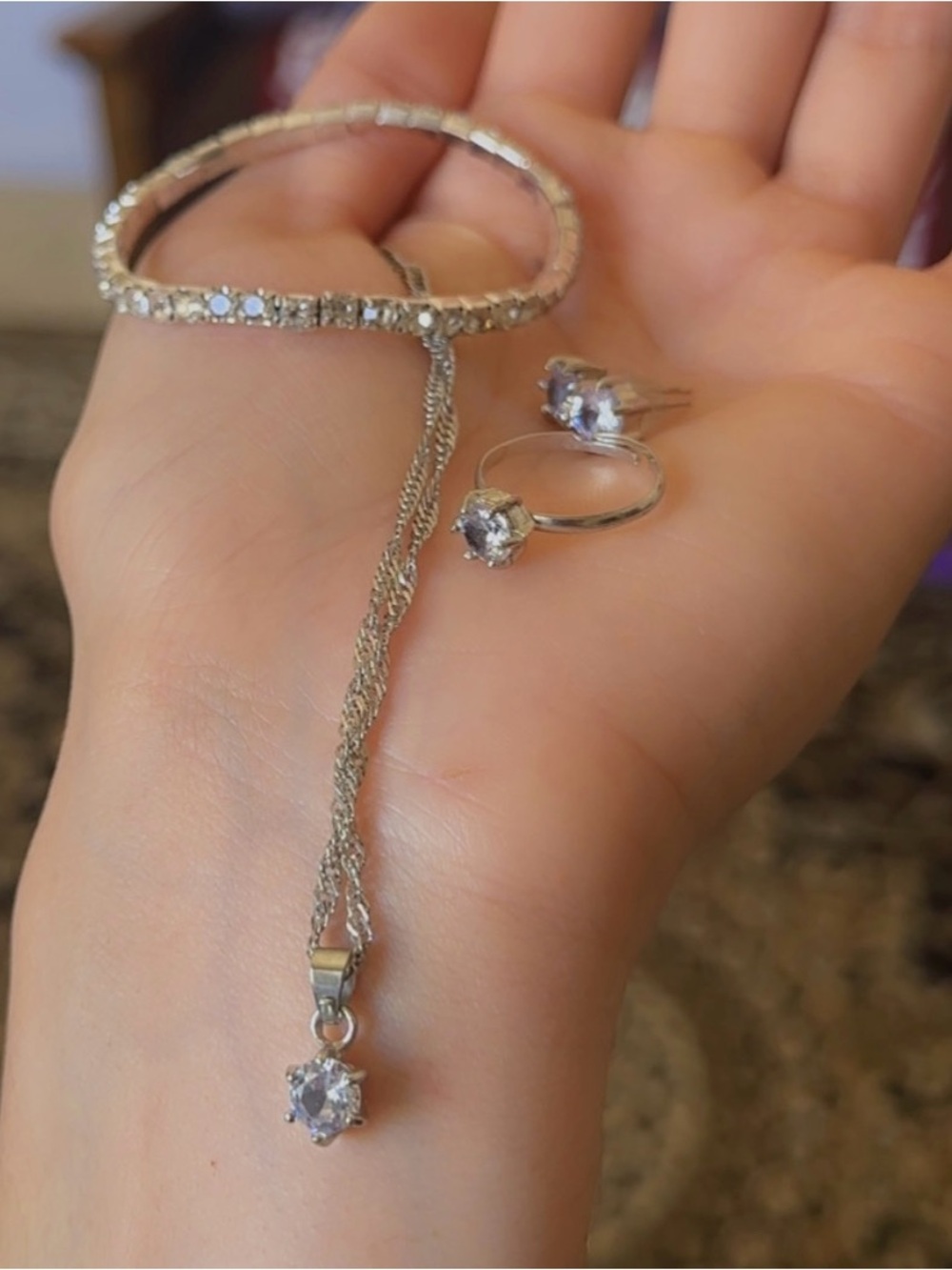 Silver Tone Rhinestone Jewelry Set - Necklace, Bracelet, Ring & Stud Earrings